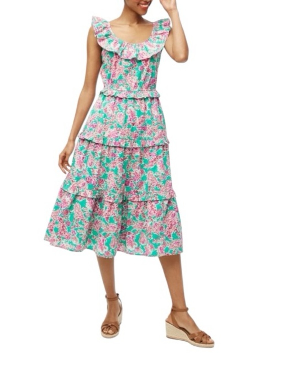 J. Crew Floral Ruffle Tiered Midi Dress Organic Cotton Pink Green 2 NWOT